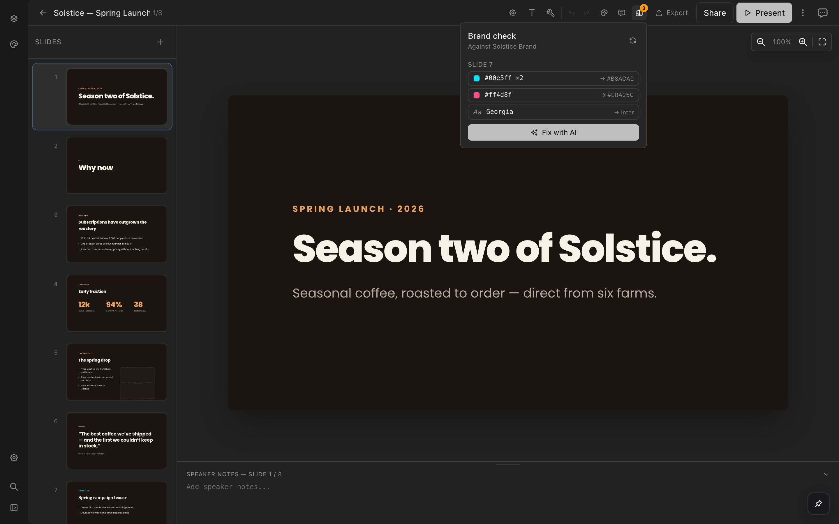The brand check popover listing off-palette colors with a Fix with AI button