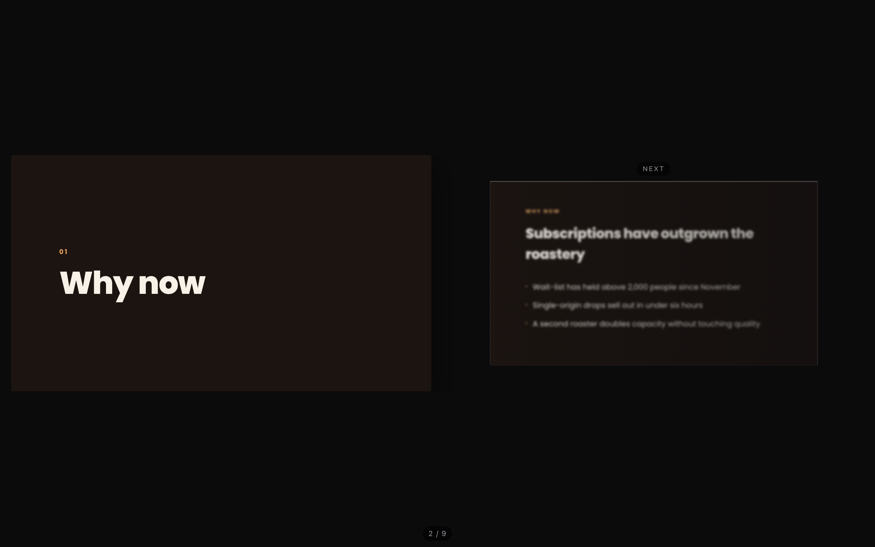 The two-pane presenter stage: current slide sharp on the left, treated next-slide preview on the right
